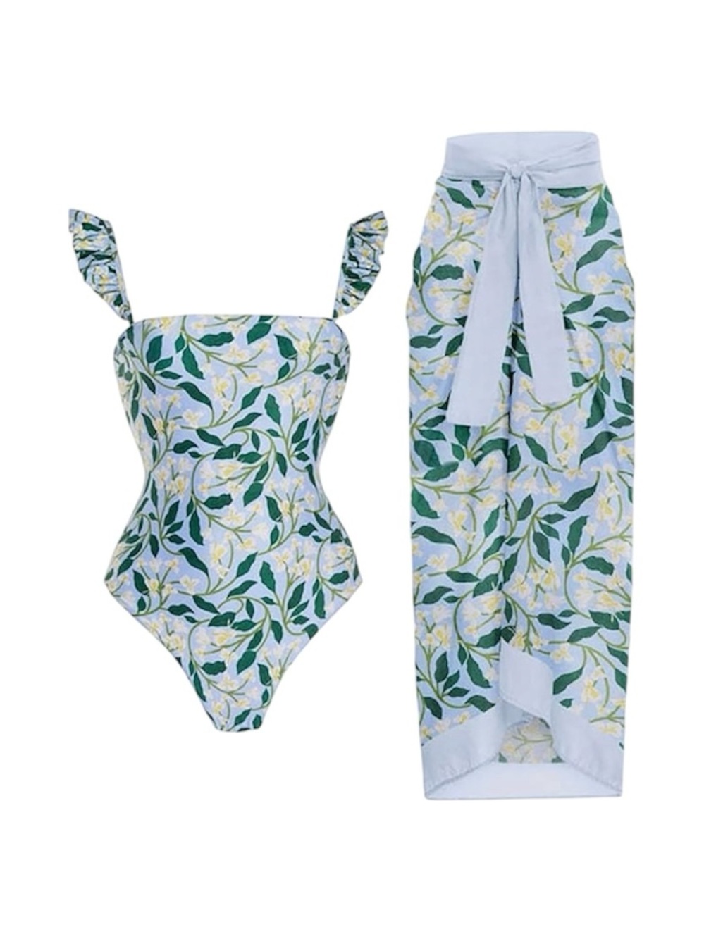 One Piece Swimsuit with Beach Cover up Wrap Skirt Sarong Retro Floral Size M